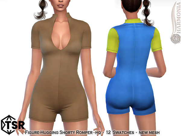 Sims 4 — Figure-Hugging Shorty Romper by Harmonia — New Mesh 12 Swatches HQ Please do not use my textures. Please do not