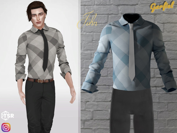 Sims 4 — John - Checkered shirt with tie by Garfiel — Beautiful tight plaid shirt with pleats and two variations of a