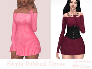 Sims 4 — Shyla Ribbed Dress by Dissia — Cold shoulders long sleeves ribbed short dress Available in 48 swatches