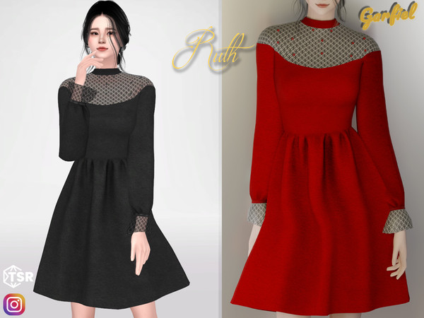 Sims 4 — Ruth - Velvet dress with tulle top and cuffs by Garfiel — Lovely velvet dress with a sheer tulle top and cuffs