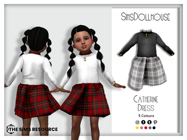 Sims 4 — Catherine Dress by SimsDollhouse — Long sleeve and high neck short dress with gold buttons in 5 different tartan