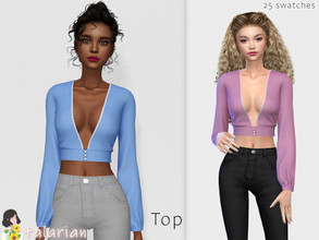Sims 4 — Norah long sleeve cropped blouse by talarian — Deep V Neck Long Sleeve Cropped Blouse Top Button Down