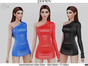 Sims 4 — Asymmetrical Collar Dress by portev — New Mesh 17 colors All Lods For female Teen to Elder