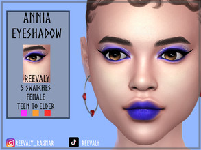 Sims 4 — Annia Eyeshadow by Reevaly — 5 Swatches. Teen to Elder. Female. Base Game compatible. Please do not reupload.