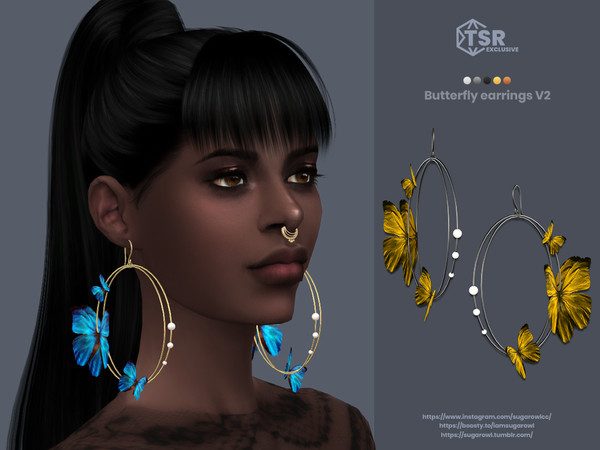 Sims 4 — Butterfly earrings V2 by sugar_owl — Female hoop earrings with pearls and butterflies. 10 swatches. Teen - Adult