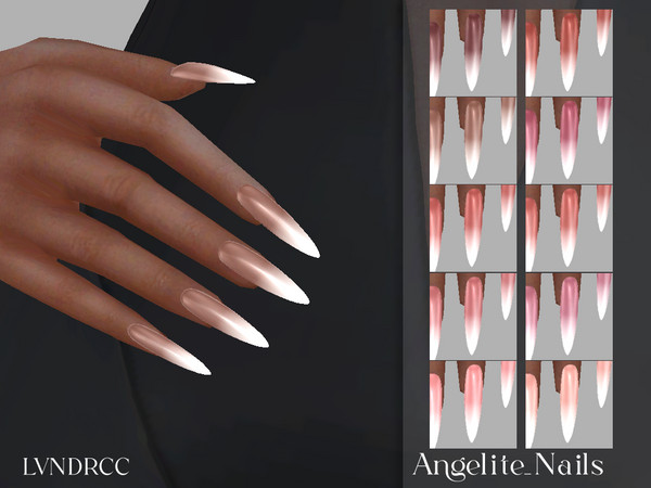 Sims 4 — Angelite Nails by LVNDRCC — Long and elegant ombre manicure on variety of neutral, light brown, pink, and warm