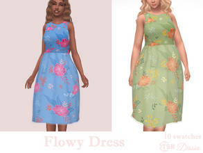 Sims 4 — Flowy Dress by Dissia — Sleveless midi flowers pattern dress with transaprent layer Available in 10 swatches
