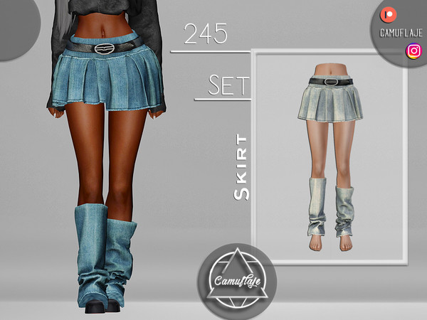 Sims 4 — SET 245 - Y2K Denim Skirt by Camuflaje — Fashion trendy street style set that includes a leather jacket &