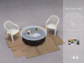 Sims 4 — Tired Coffee Table by kliekie — New 'Rags to Riches' item! There are tons of deco slots on top but also on the