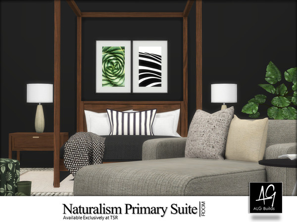 Sims 4 — Naturalism Primary Suite by ALGbuilds — Naturalism Primary Suite is a cozy bedroom, bathroom combination with