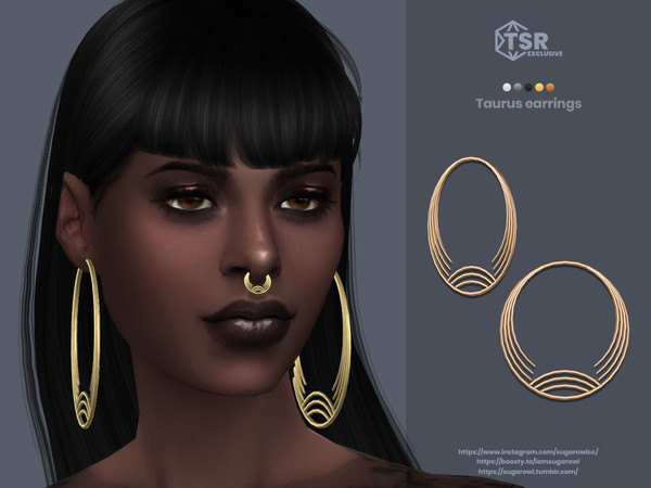Sims 4 — Taurus earrings by sugar_owl — Female big hoop earrings. 5 metal swatches: gold, silver, and bronze. Teen -