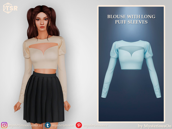 Sims 4 — Blouse with long puff sleeves by MysteriousOo — Blouse with long puff sleeves in 20 colors