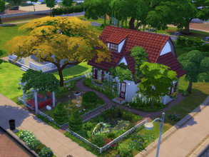 Sims 4 — Newcrest Cottage no cc by sgK452 — House for couple, comfortable with a pretty pond and a shaded garden area.