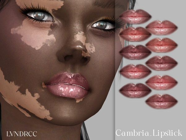 Sims 4 — Cambria Lipstick by LVNDRCC — Shiny lip combo with brown lip liner and light, mauve and peach pink lipgloss for