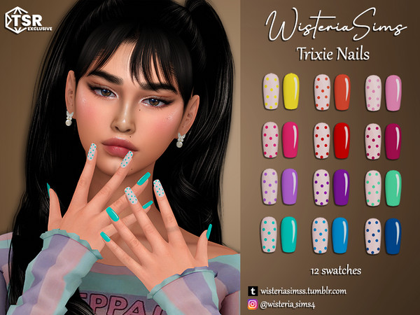 Sims 4 — Trixie Nails by WisteriaSims — **FOR WOMAN **NEW MESH *TEEN TO ELDER - FingerNails Category - 12 swatches - Base