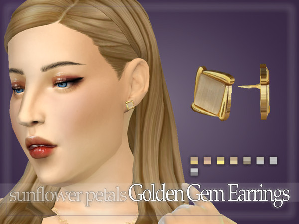 Sims 4 — Golden Gem Earrings by SunflowerPetalsCC — A pair of stud earrings with a gem inlay. Comes in 7 colors.