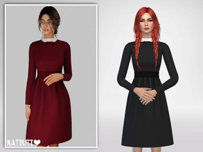Sims 4 — White Collar Dress by Katiuti — Modest knee length dress with long sleeves, belt and white collar 40 swatches