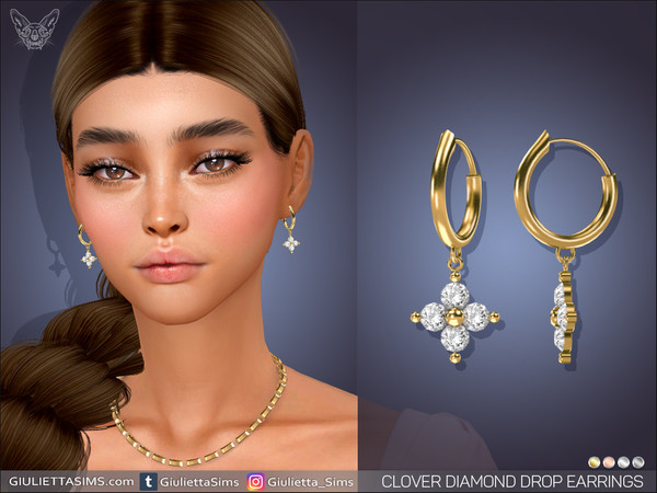 Sims 4 — Clover Diamond Drop Earrings by feyona — Clover Diamond Drop Earrings come in 4 colors of metal: yellow gold,