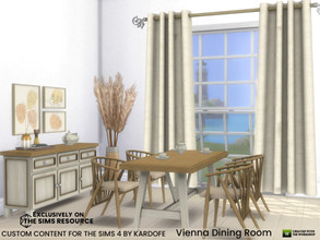 Sims 4 — Vienna Dining Room by kardofe — Dining room in a natural style, made of wood and softly patterned textiles.