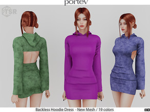Sims 4 — Backless Hoodie Dress by portev — New Mesh 19 colors All Lods For female Teen to Elder