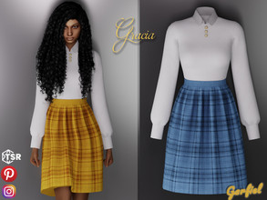 Sims 4 — Gracia - White shirt with golden buttons and plaid skirt by Garfiel — Simple female outfit.
