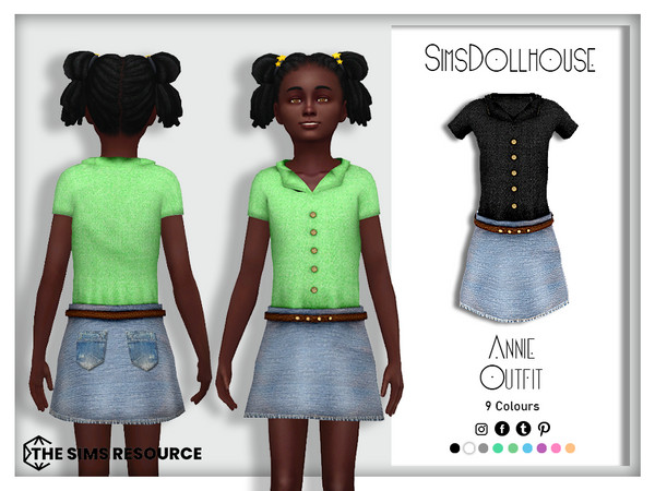 Sims 4 — Annie Outfit by SimsDollhouse — Denim skirt with a brown leather belt that has gold studs and cotton top with
