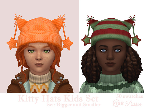 Sims 4 — Kitty Hats Kids Set (Smaller and Bigger) by Dissia — Cute knitted hat with cat ears and stars for kids Available