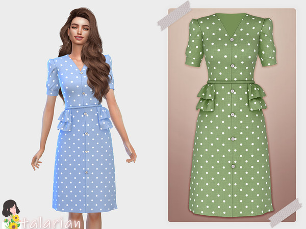 Sims 4 — Parker Polka dot Dress With Ruffles by talarian — Polka Dot Print Ruffle Trim Button Front Dress
