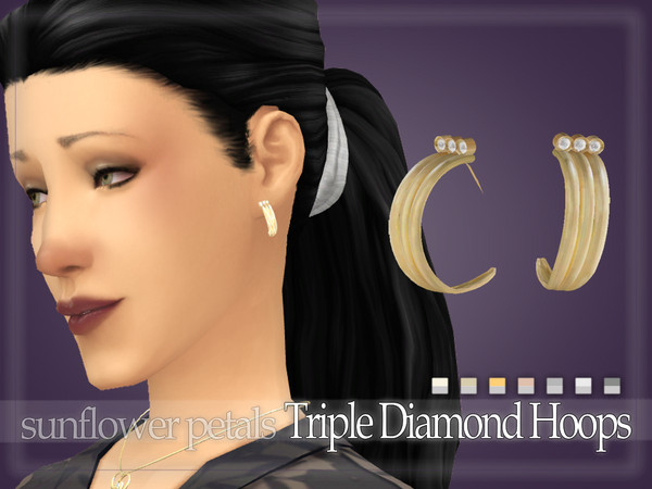 Sims 4 — Triple Diamond Hoops by SunflowerPetalsCC — A cute pair of hoops with diamond accents. Comes in 7 metal colors.