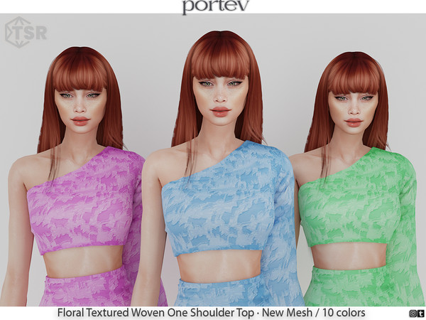 Sims 4 — Floral Textured Woven One Shoulder Top by portev — New Mesh 10 colors All Lods For female Teen to Elder
