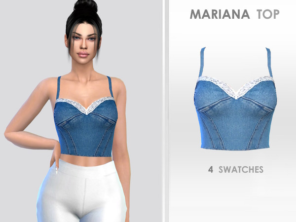 Sims 4 — Mariana Top by Puresim — Denim top with lace in 4 swatches.