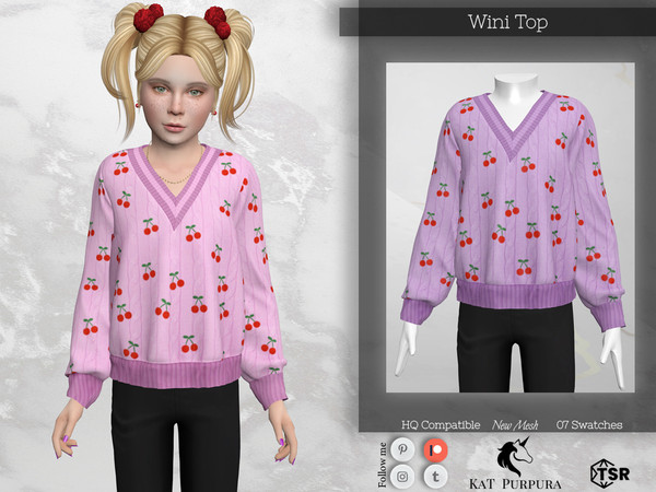Sims 4 — Wini Top by KaTPurpura — Long-sleeved V-neck sweater with cherry print