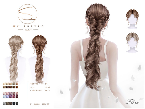 Sims 4 — Elegant curly braid (Flora) 020523 by S-Club — Elegant curly braid hairstyle, 24 colors for female sims, hope