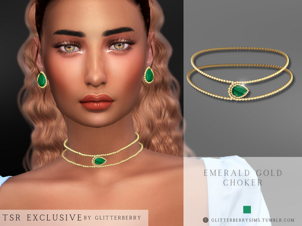Sims 4 — Emerald Gold Choker by Glitterberryfly — A gorgeous gold sphere choker with emerald stones