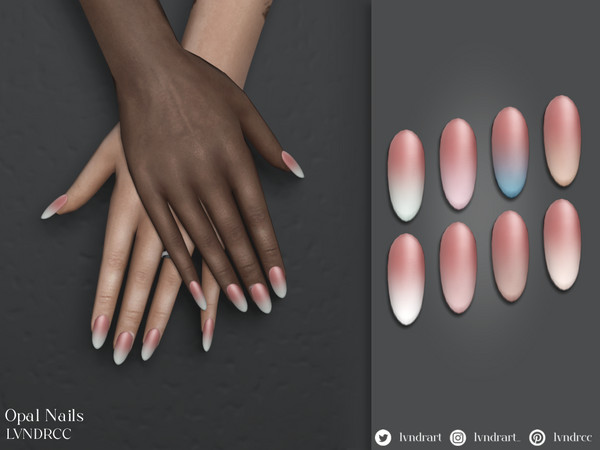 Sims 4 — Opal Nails by LVNDRCC — Soft and blended ombre nails on pastel, light brown base, with satin finish. Decorated
