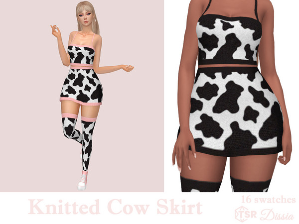 Sims 4 — Knitted Cow Skirt by Dissia — High waist knitted cow print skirt with colorful parts at top and bottom Available