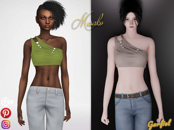 Sims 4 — Masako - Short top with rhinestones by Garfiel — Cute short top with a cutout at the shoulder and folds.