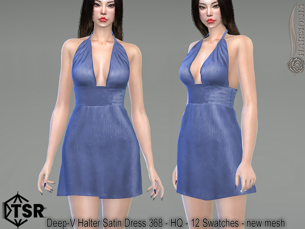 Sims 4 — Deep-V Halter Satin Dress 368 by Harmonia — New Mesh 12 Swatches HQ Please do not use my textures. Please do not