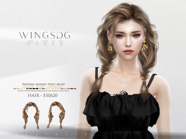 Sims 4 — WINGS-ES0620-Natural double twist braid by wingssims — Colors:20 All lods Compatible hats Make sure the game is