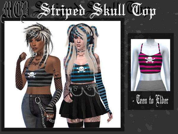 Sims 4 — Striped Skull Top by MaruChanBe2 — Cute striped mini top with a skull and bones <3 9 variations.