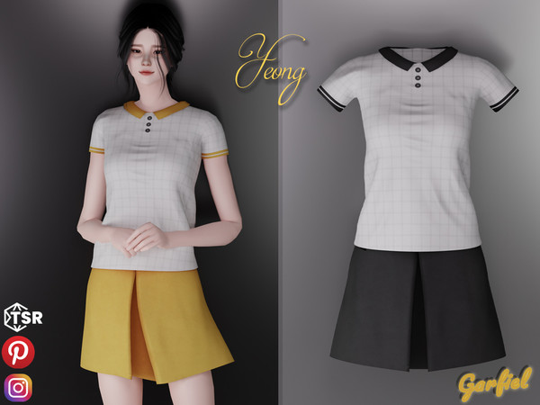 Sims 4 — Yeong - Plaid polo and pleated skirt by Garfiel — Cute female dress outfit.