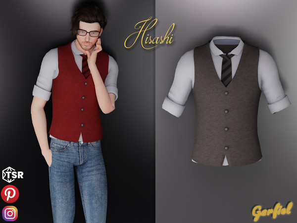 Sims 4 — Hisashi - Shirt with rolled-up sleeves and tie, vest by Garfiel — Cute formal male top.