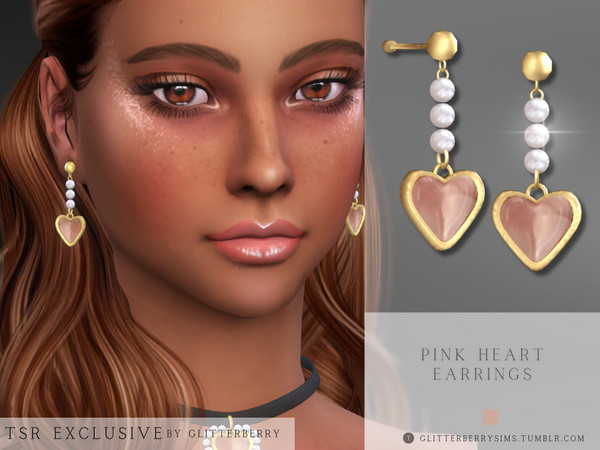 Sims 4 — Pink Heart Earrings by Glitterberryfly — A gorgeous pearl dangle earring with pink heart, set in gold