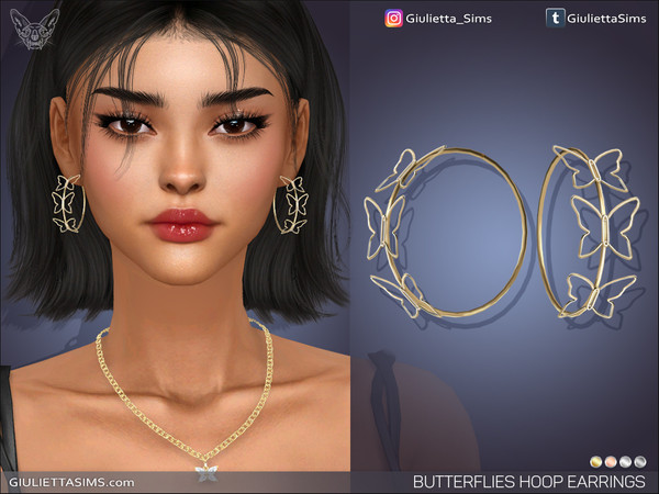 Sims 4 — Butterflies Hoop Earrings by feyona — Butterflies Hoop Earrings come in 4 colors of metal: yellow gold, white