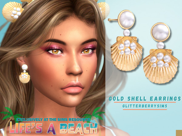 Sims 4 — Life's a Beach: Gold Shell Earrings by Glitterberryfly — A gold shell earring with a statement pearl.