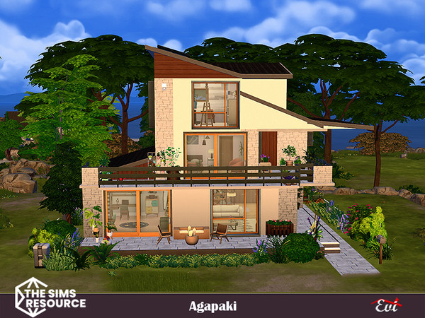 Sims 4 — Agapaki by evi — A family house with two bedrooms. The artist attic on the top, bedrooms in the middle and