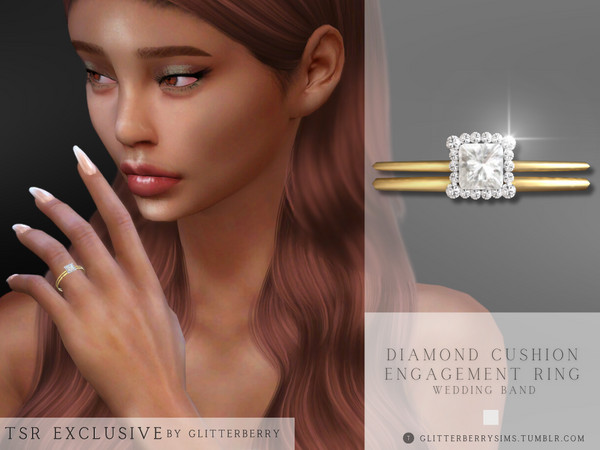 Sims 4 — Diamond Cushion Engagement Ring with Gold Wedding Band by Glitterberryfly — A dainty engagement ring with gold