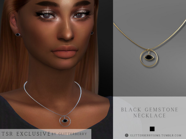 Sims 4 — Black Gemstone Necklace by Glitterberryfly — A gold hoop necklace with black gemstone pendant. Comes in silver
