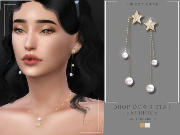 Sims 4 — Drop Down Star Earring by Glitterberryfly — A gorgeous drop down earring set in gold with a star pendant and