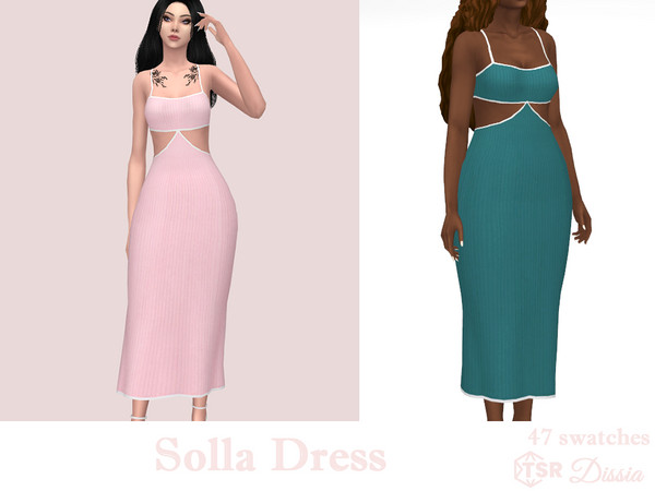 Sims 4 — Solla Dress by Dissia — Tank top long ribbed dress with cuts on belly and back and white borders